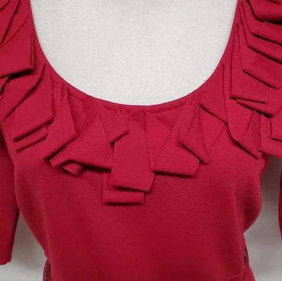 Retro Julian Taylor Red Front Ruffle Scoop Neck Belted Short Sleeve Midi Dress - Picture 4 of 15